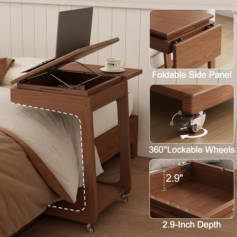 Solid Wood C Shaped End Table for Couch,Walnut C Table with Wheels,Rolling Si...
