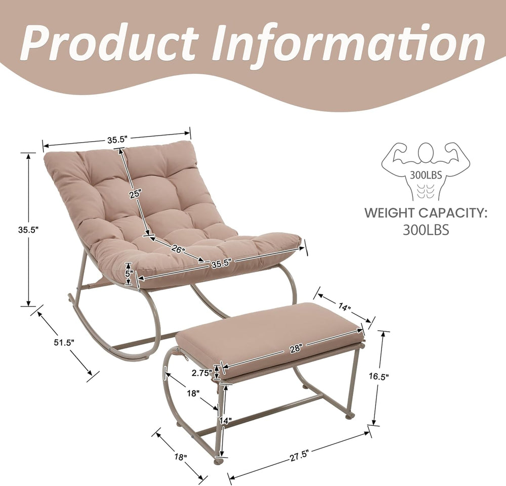 Double Papasan Rocking Chair Set of 2 with Ottoman, Khaki