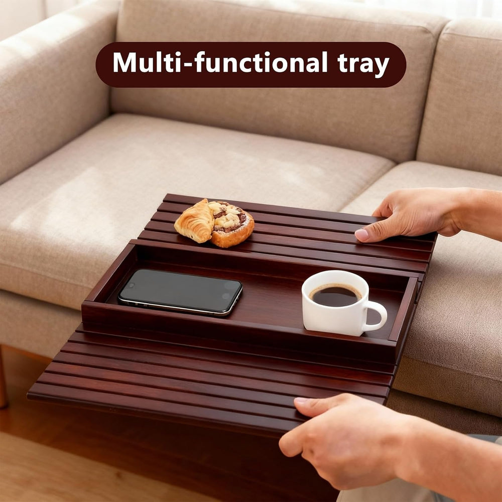 Bamboo Couch Arm Tray Table, Foldable Sofa Rest with Non-Slip Base Portable A...