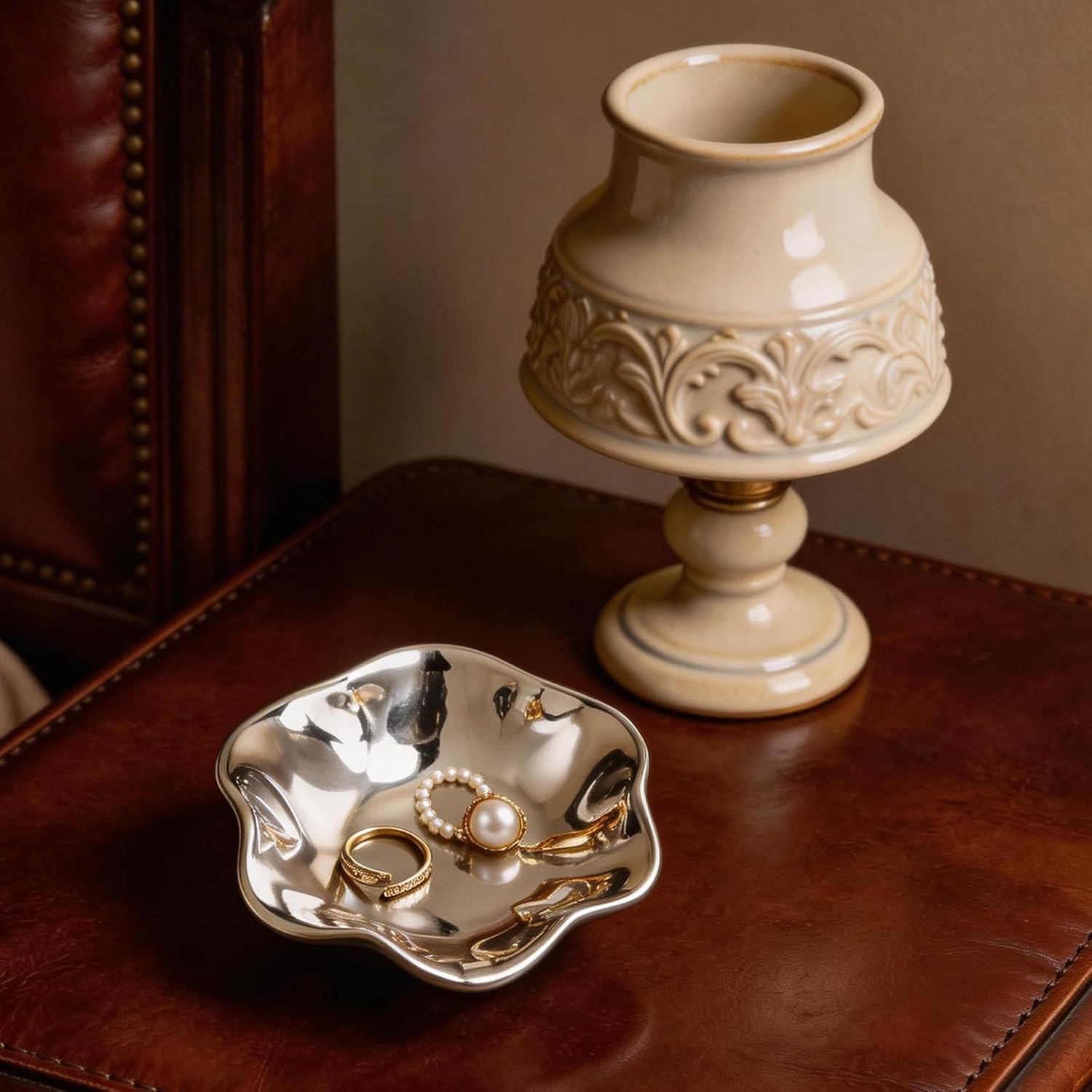 Ceramic Lotus Leaf Trinket Dish, Ring Holder for Jewelry | Keeps earrings, necklaces, keys, and keepsakes handy on vanities or nightstands, a sweet gift for moms, sisters, and friends