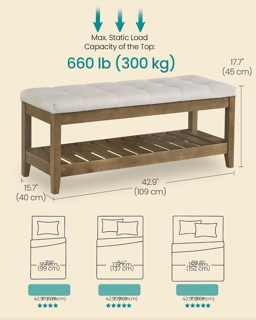 SONGMICS Storage Ottoman with Solid Wood Frame, 42.9 x 15.7 x 17.7 Inches | U...