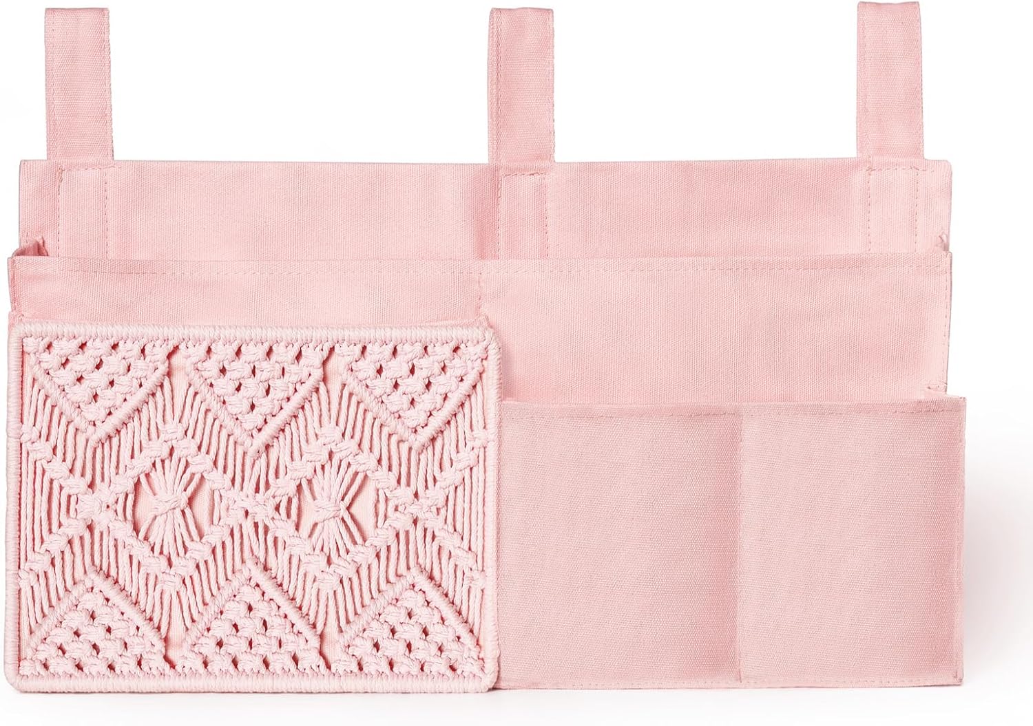 Mkono Bedside Caddy Hanging Organizer, Bunk Woven 7 Pockets Bed Storage Bag Boho Remote Magazine Books Holder with Macrame for Loft Bed College Dorm Bedroom Baby Bed Rails, Pink