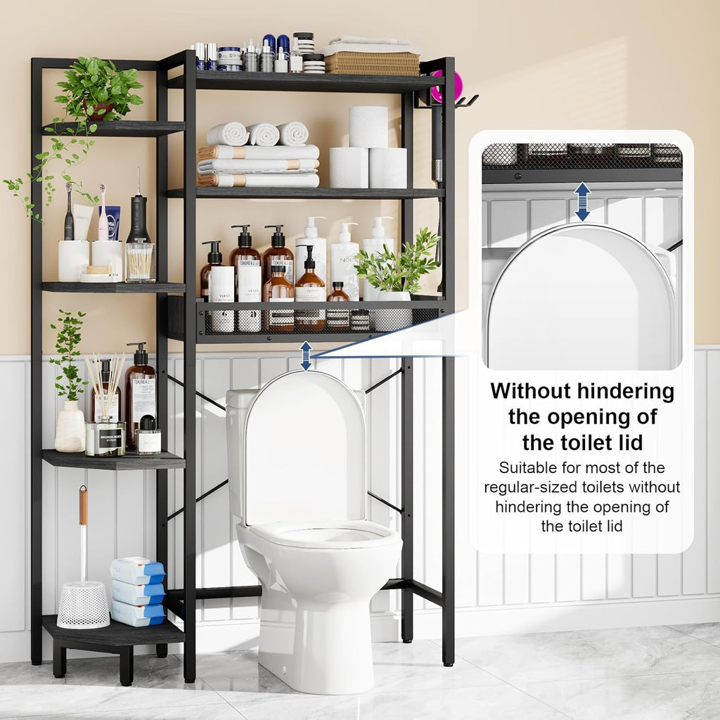 K1 Heavy Duty 7-Tier Over The Toilet Storage（with Basket and Paper Hook） Freestanding Above Toilet Shelf with Adjustable Feet，Space Saver Bathroom Shelves 9.3" D x 33.5" W x 63.8" H，Black