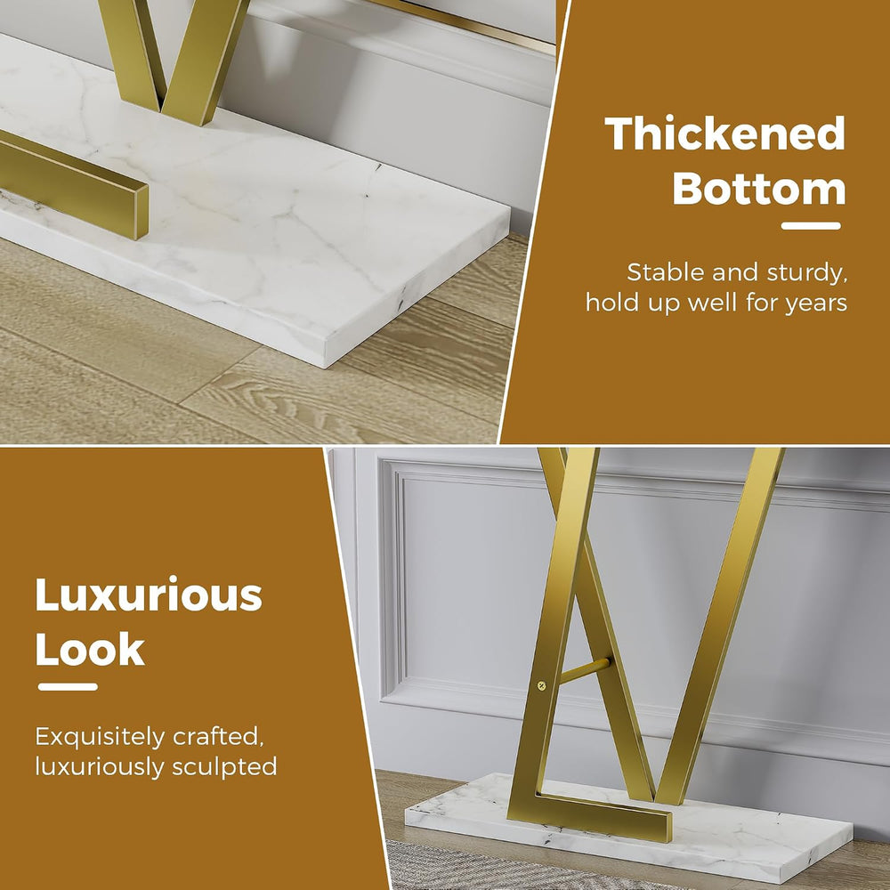 43.3" Gold Console Table, Modern Entryway Table with White Faux Marble T...