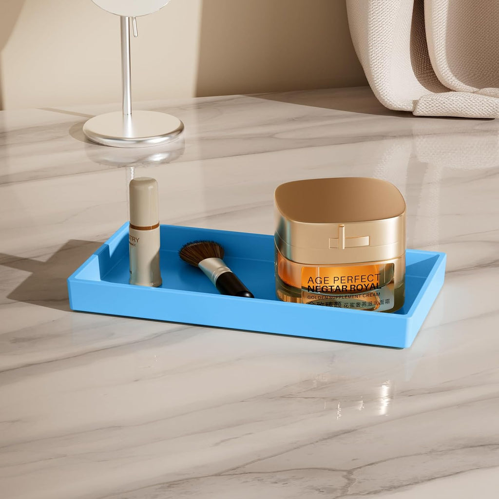 Vanity and Bathroom Tray, 7.7" ABS Countertop Organizer,Waterproof Vanity Tray for Toilet Tank,Perfume,Soap,Keys,Bathroom Accessories,Kitchen and Bath Trays,Non Slip Small Trays,Blue