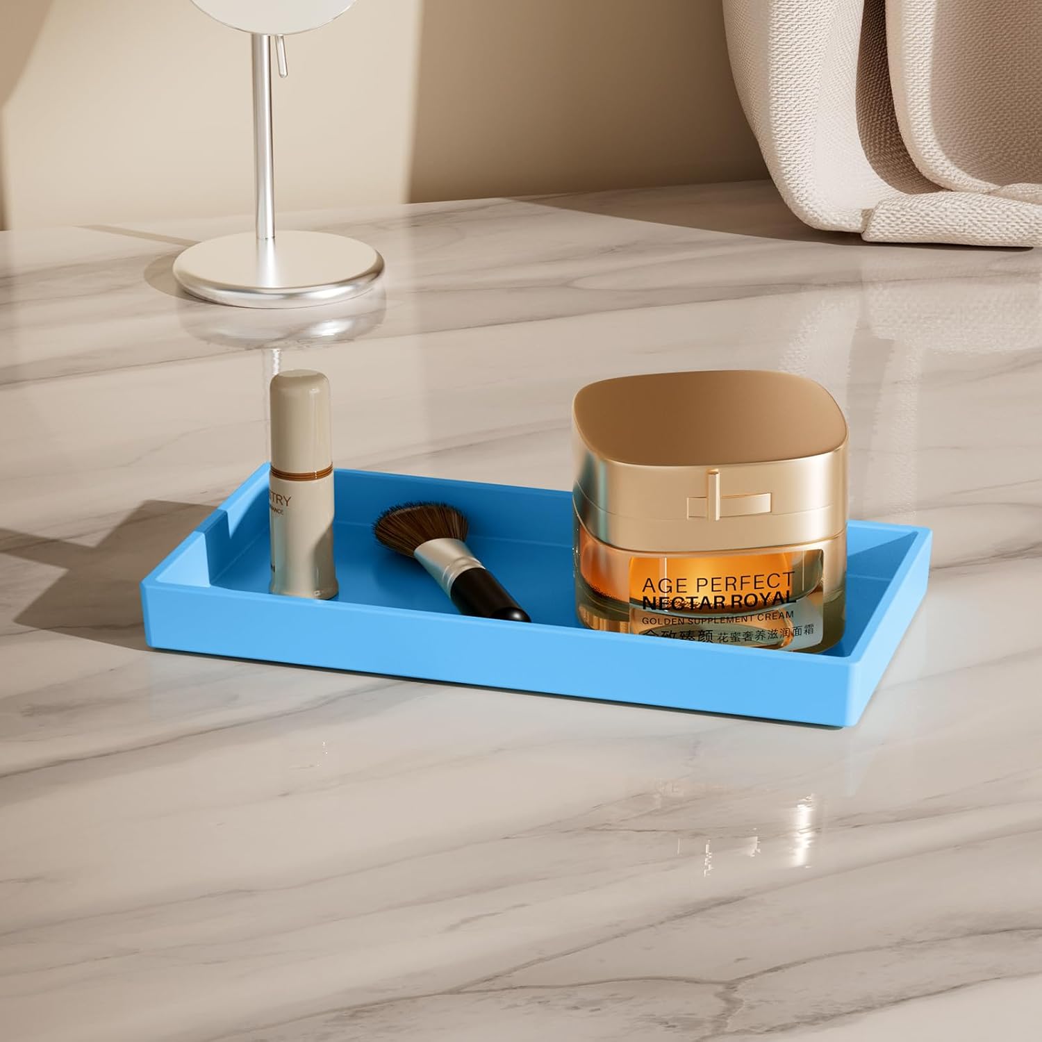 Vanity and Bathroom Tray, 7.7" ABS Countertop Organizer,Waterproof Vanity Tray for Toilet Tank,Perfume,Soap,Keys,Bathroom Accessories,Kitchen and Bath Trays,Non Slip Small Trays,Blue