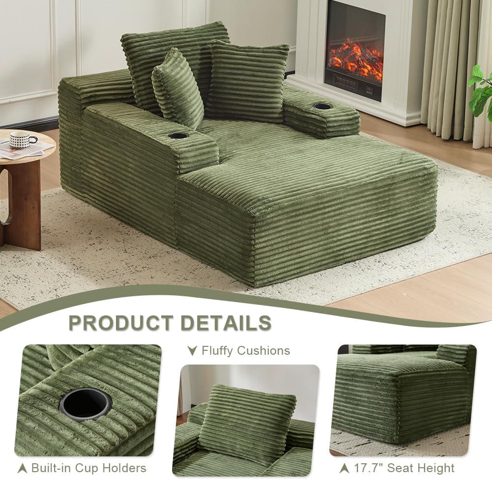 66" Oversized Chaise Lounge Sofa Chair Indoor, Modern Corduroy Single Sleeper Couch Chair with 3 Soft Pillows＆Cup Holder, Boneless Cloud Couch Single Seat Sofa Bed for Living Room Office (Green)