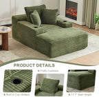 66" Oversized Chaise Lounge Sofa Chair Indoor, Modern Corduroy Single Sleeper Couch Chair with 3 Soft Pillows＆Cup Holder, Boneless Cloud Couch Single Seat Sofa Bed for Living Room Office (Green)