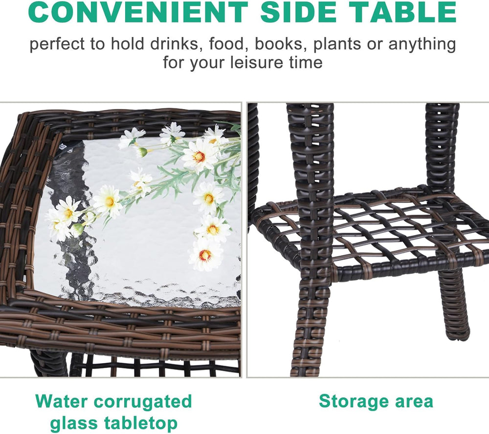 VINGLI Outdoor Side Table with Storage Wicker Patio Side Table, Tempered Glas...
