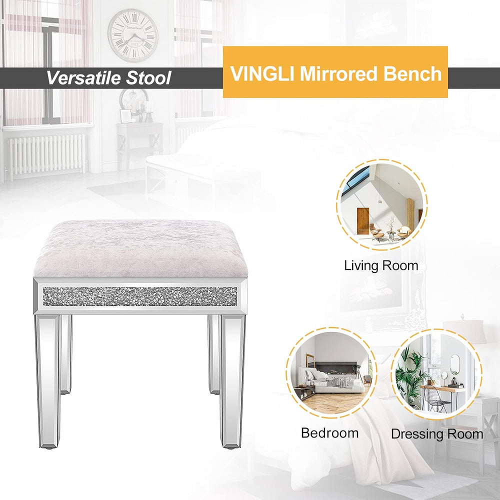 VINGLI Mirrored Vanity Stool with Storage, Upholstered Velvet Ottoman, Makeup...
