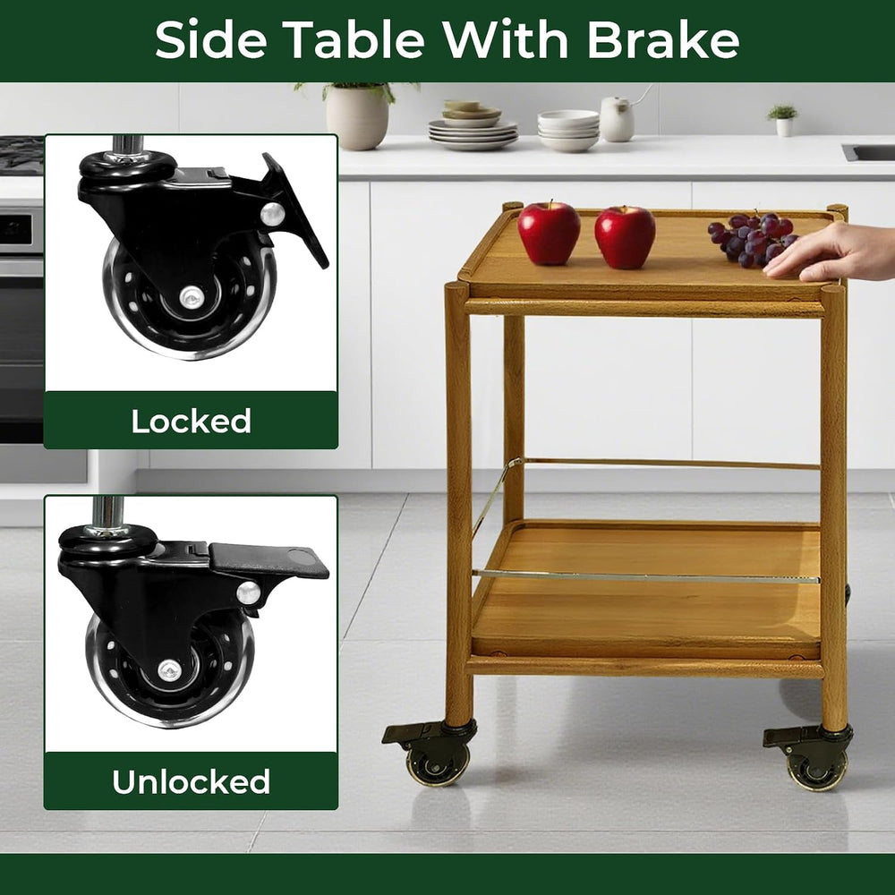 Acacia Wood Rolling Side Table, 2-Tier with Lockable Wheels & Removable T...