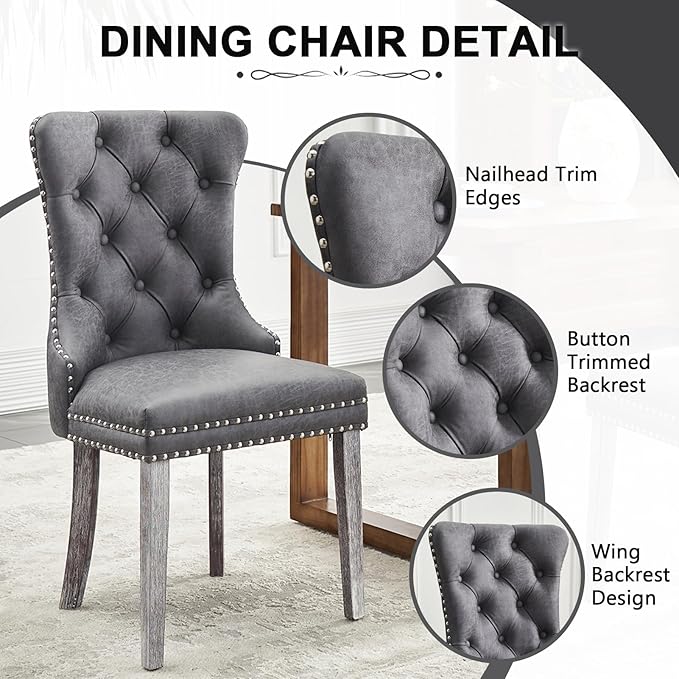 Kiztir Leather Dining Chairs Set of 4, Upholstered Dining Chair with Nailhead Trim and Solid Wood Legs, Luxury Wingback Dining Side Chair for Living Room, Bedroom, Kitchen (Grey)
