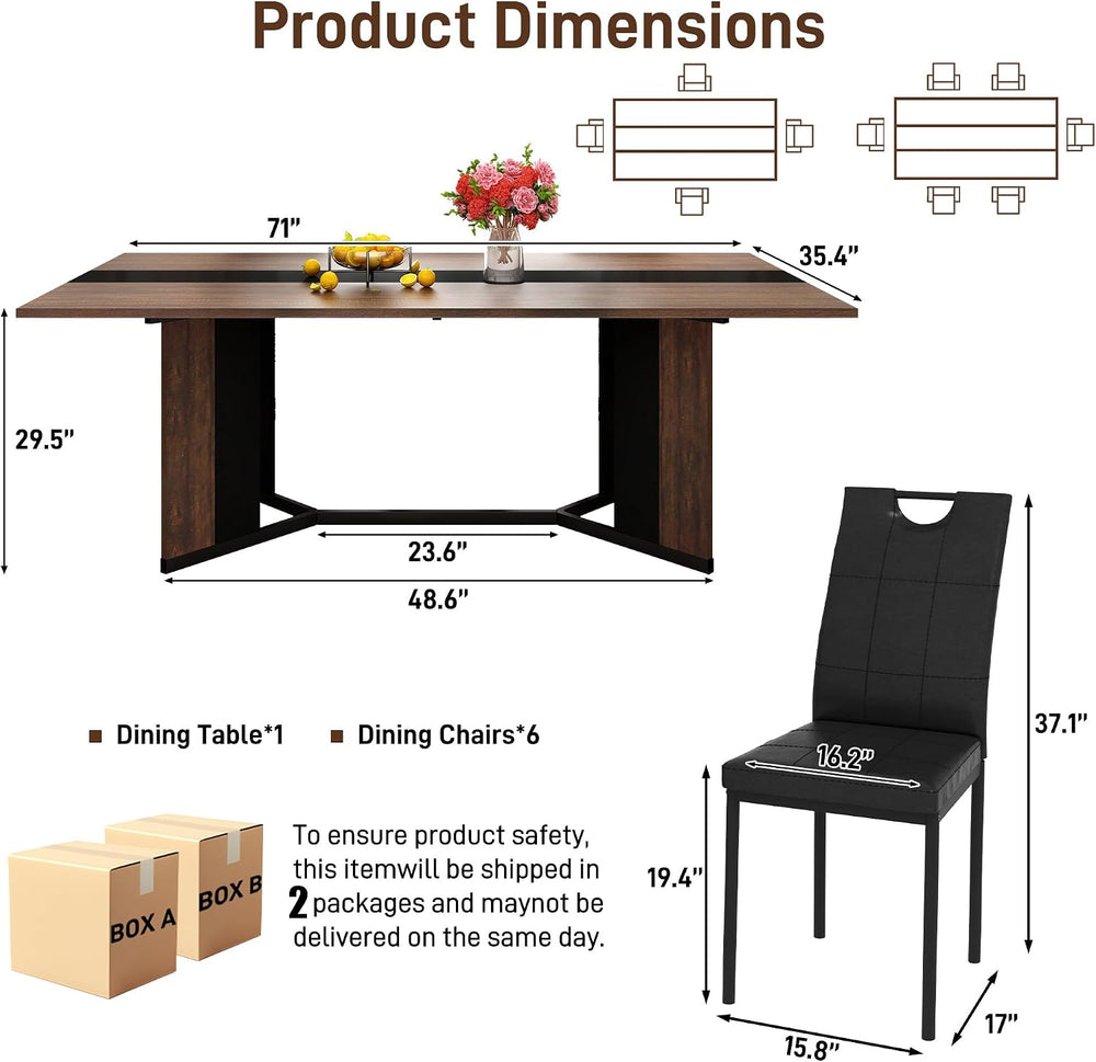 7-Piece Dining Table Set with 6 Cushion Chairs for 4 6 People, 71" Large...