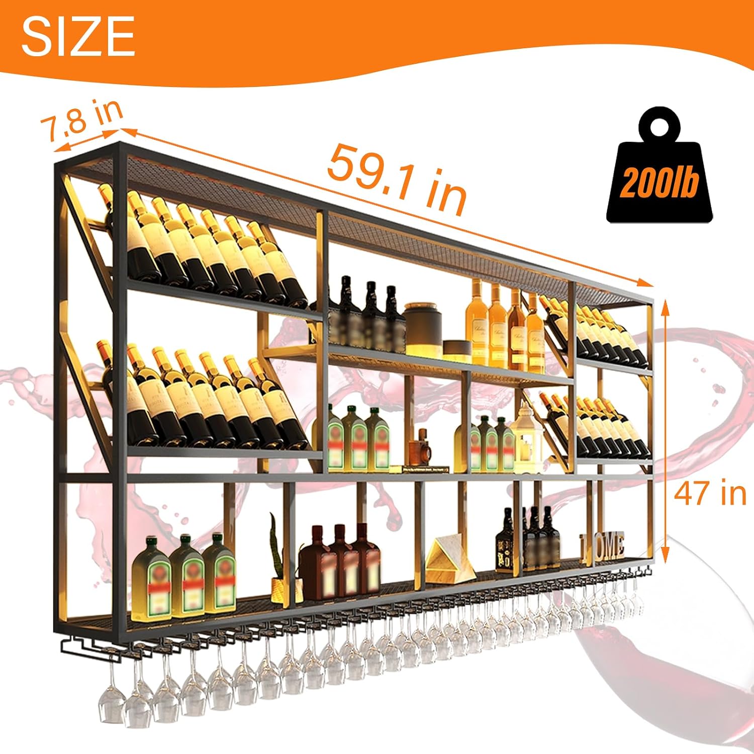 59" Wall Mounted Wine Rack, 3-Tier Liquor Shelf with Glass Holder | Large metal wines bottle display shelf, modern bar shelves. For Kitchen Dining Bar Home
