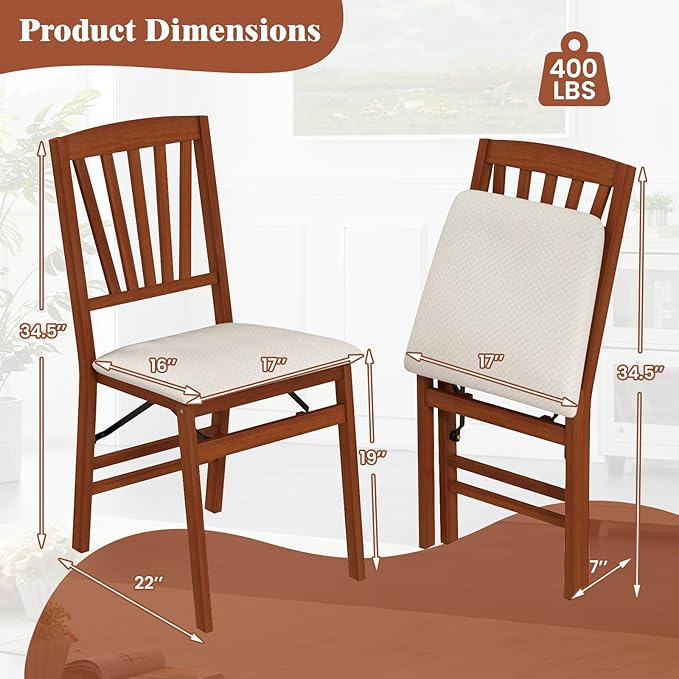 COSTWAY Folding Dining Chairs Set of 2, Upholstered Wooden Dining Room Chairs with Fabric Padded Seat, Solid Wood Frame and 400LBS Capacity for Kitchen Apartment (Beige & Brown)