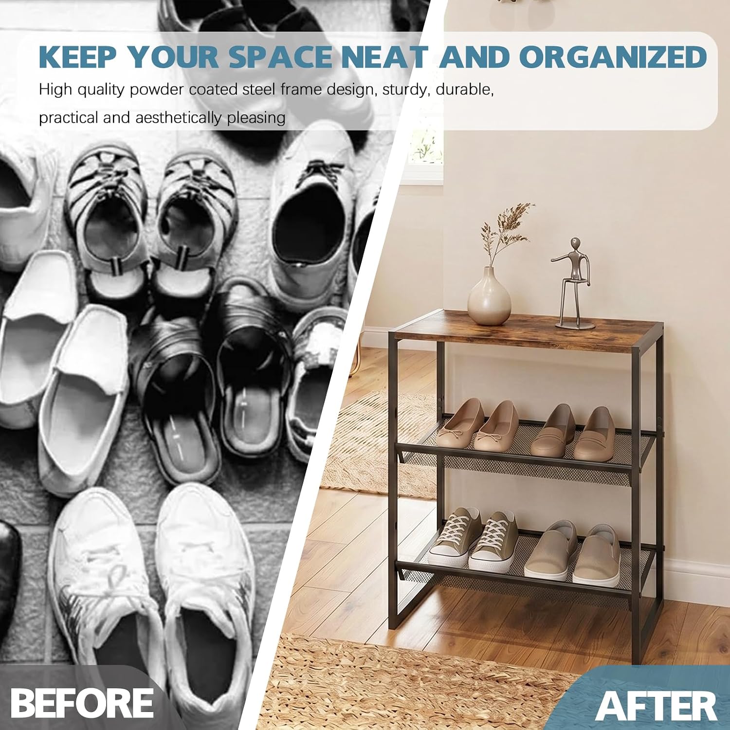 Shoe Rack for Entryway，3 Tier Shoe Storage Organizer，Sturdy Shoe Shelf,Boot Rack with a Fine Mesh Shelves，for Living Room, Hallway，Small Space,11.8 x 16.5 x 19.7 Inches,Brown