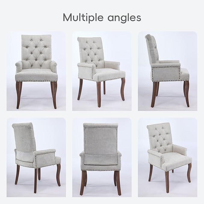Upholstered Tufted Chenille Dining Chairs with Arms & Nailhead Trim – Solid Wood Frame & Legs, Modern Farmhouse for Dining, Kitchen & Living Room (Set of 4, Beige)