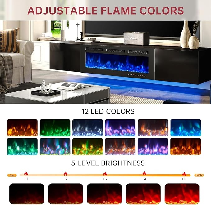 MXV 80'' Floating TV Stand with 40" Electric Fireplace, Modern Media Entertainment Center, TV Console Cabinet Wall Mounted with Adjustable 12-Color LED Lights, for Living Room, Black + Black