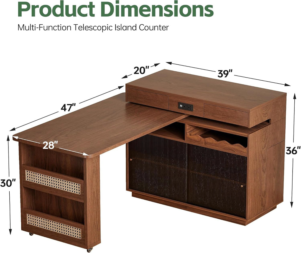 47" Expandable Mobile Kitchen Island with Power Outlet, 180° Sliding Tab...