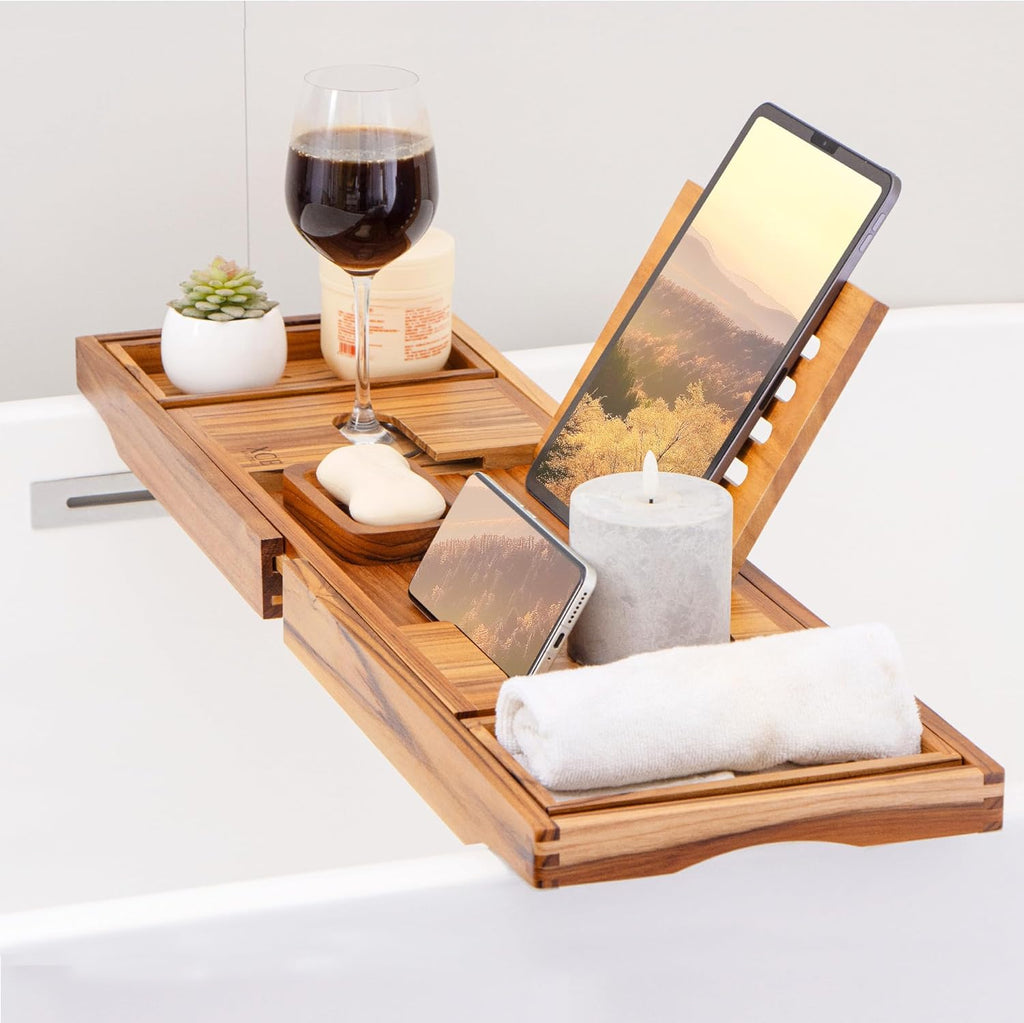 XcE Teak Bathtub Caddy Tray - Expandable to 41 Inches with Book Stand, Soap Holder & Anti-Slip Pads for Luxury Bath Spa, Teak
