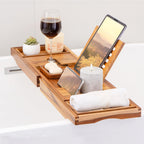 XcE Teak Bathtub Caddy Tray - Expandable to 41 Inches with Book Stand, Soap Holder & Anti-Slip Pads for Luxury Bath Spa, Teak