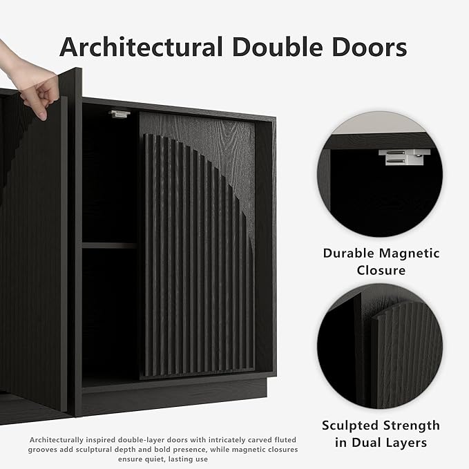 WIN2WIN 65" Fluted Sideboard Buffet Cabinet with Storage, Modern Credenza with Double-Layered Arch Doors, Wood TV Media Console Table Accent Cabinet for Living Room Dining Room Hallway Entryway, Black