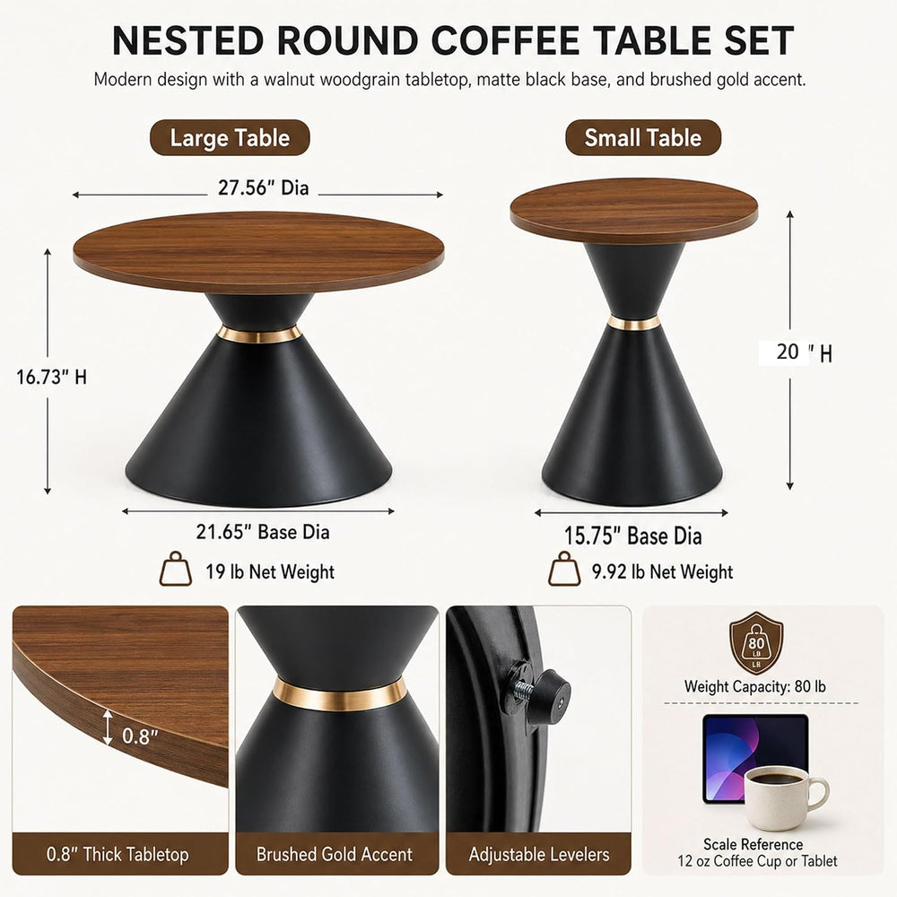 Round Coffee Table Set, Walnut Textured Top with Metal Base, Living Room &amp...