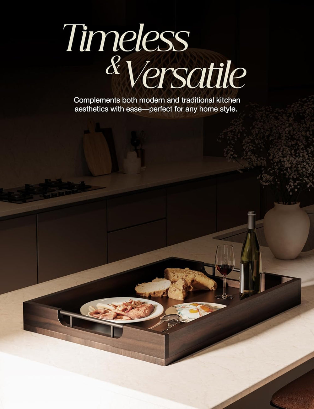 TIDITA 20"x14" Wooden Large Serving Tray, Walnut Color, Metal Handles