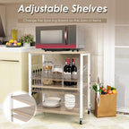 Giantex Kitchen Bakers Rack 3-Tier Microwave Cart on Wheels, Industrial Utility Bar Cart with 10 Hooks Metal Frame Wood Storage Shelves, Rolling Microwave Stand, Maple & White