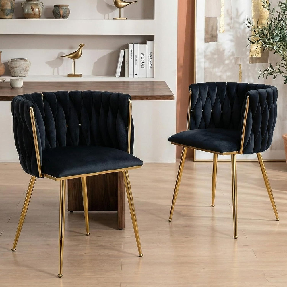 Hand-Woven Dining Chairs Set of 2,Dining Room Chairs with Gold Leg | Velvet E...