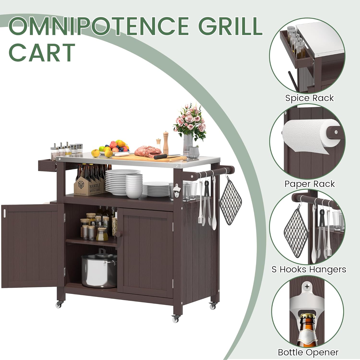 Weatherproof HIPS Outdoor Kitchen Island with Stainless Steel Top & Storage Cabinet, Movable Prep Table with Wheels for BBQ Food Prep, Outdoor Grill Cart for Parties, Brown