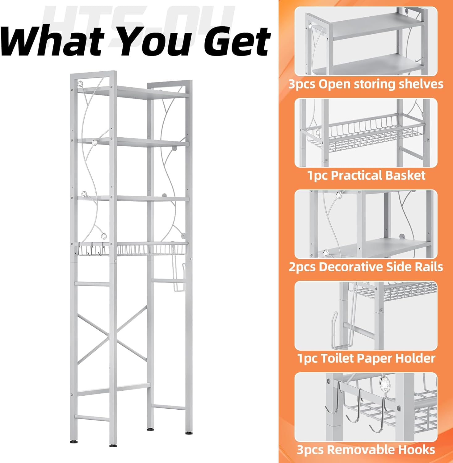 Over-The-Toilet Storage Rack, 4-Tier Bathroom Organizer Shelf Over Toilet with Adjustable Shelf and Basket, Freestanding Space Saver Bathroom Shelves Above Toilet for Room (Pure White)