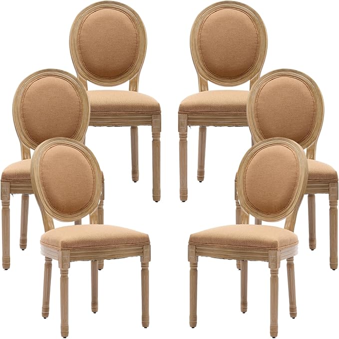 French Country Dining Chairs Set of 6, Caramel Kitchen & Dining Room Chairs Set of 6, Linen Upholstered Dining Chairs, Wood Legs, Sillas De Comedor (Fabric, Amber, 6Pcs)