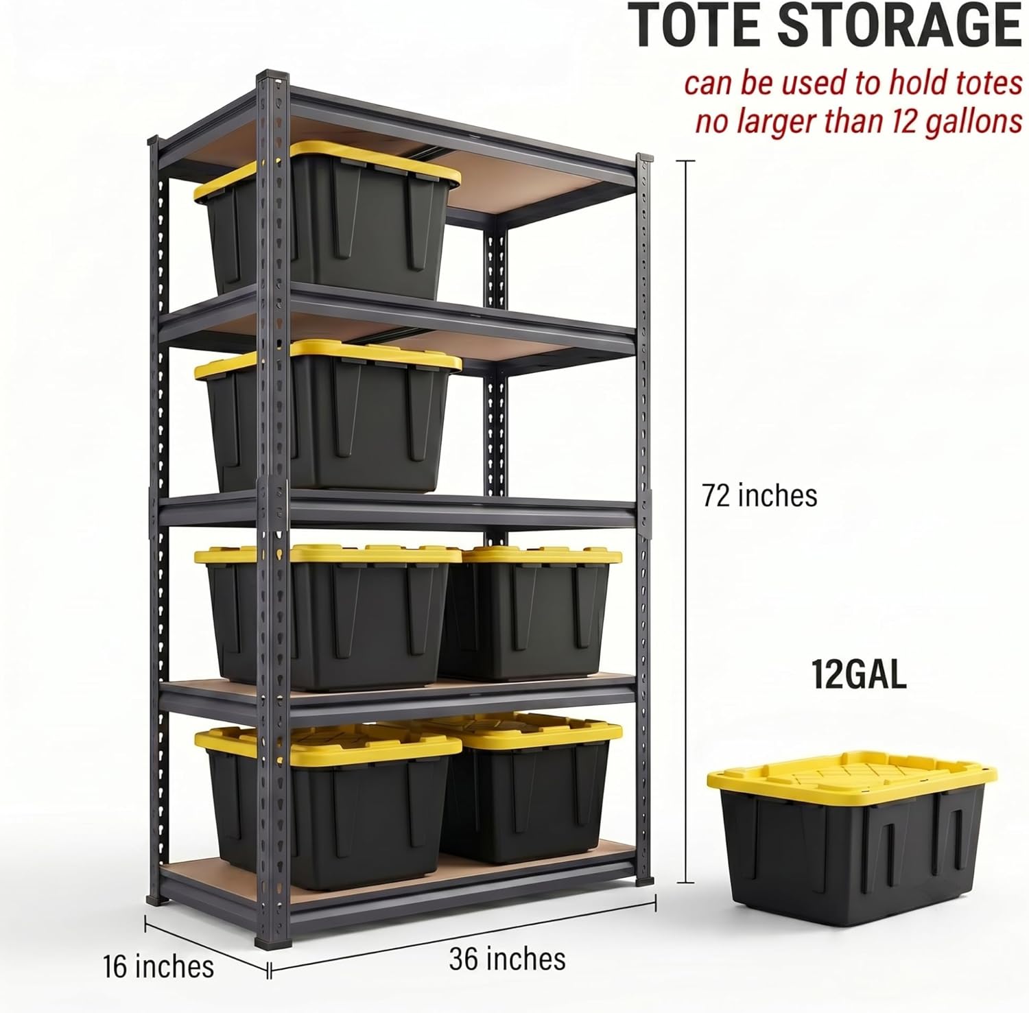 Heavy Duty Garage Shelving 36" W x 16" D x 72" H, 2850 LBS Storage Shelves 5-Tier Adjustable, Boltless Metal Rack with Extra Deep Shelves for Warehouse Basement Workshop, Black