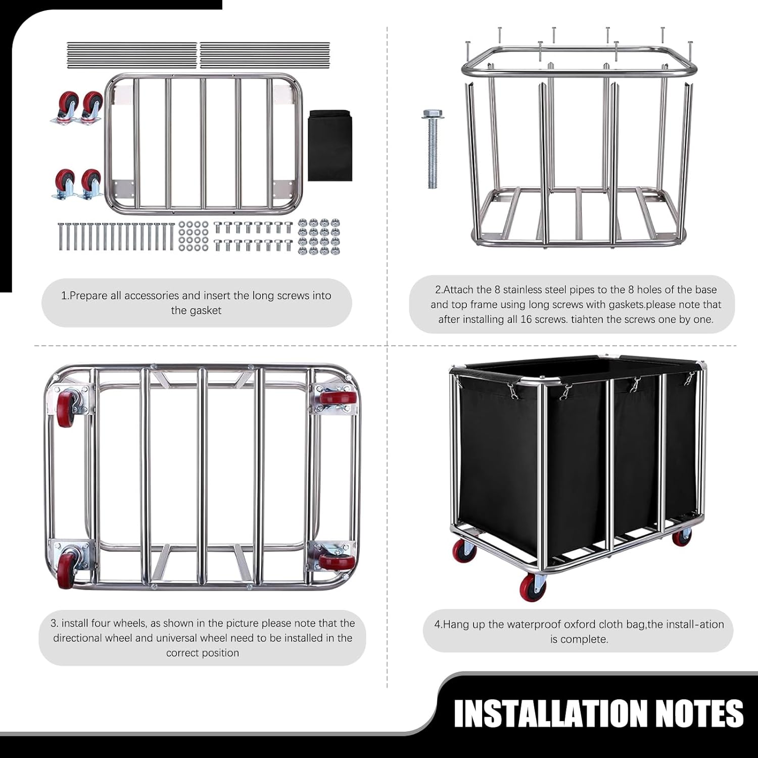 Commercial Laundry Cart with Wheels, 11.35 Bushel Large Laundry Tumbler with Removable Waterproof Canvas Lined Basket, Heavy Duty Stainless Steel Laundry Basket for Hotels and Hospitals