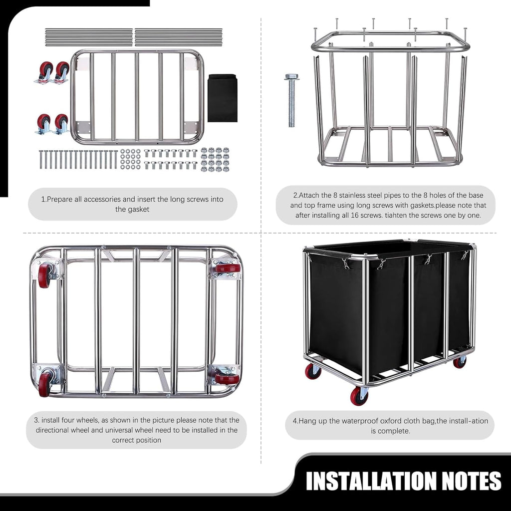 Commercial Laundry Cart on Wheels, 11.35 Bushels Large Roller with Removable Waterproof Canvas Lined Basket, Heavy Duty Stainless Steel for Hotels and Hospitals
