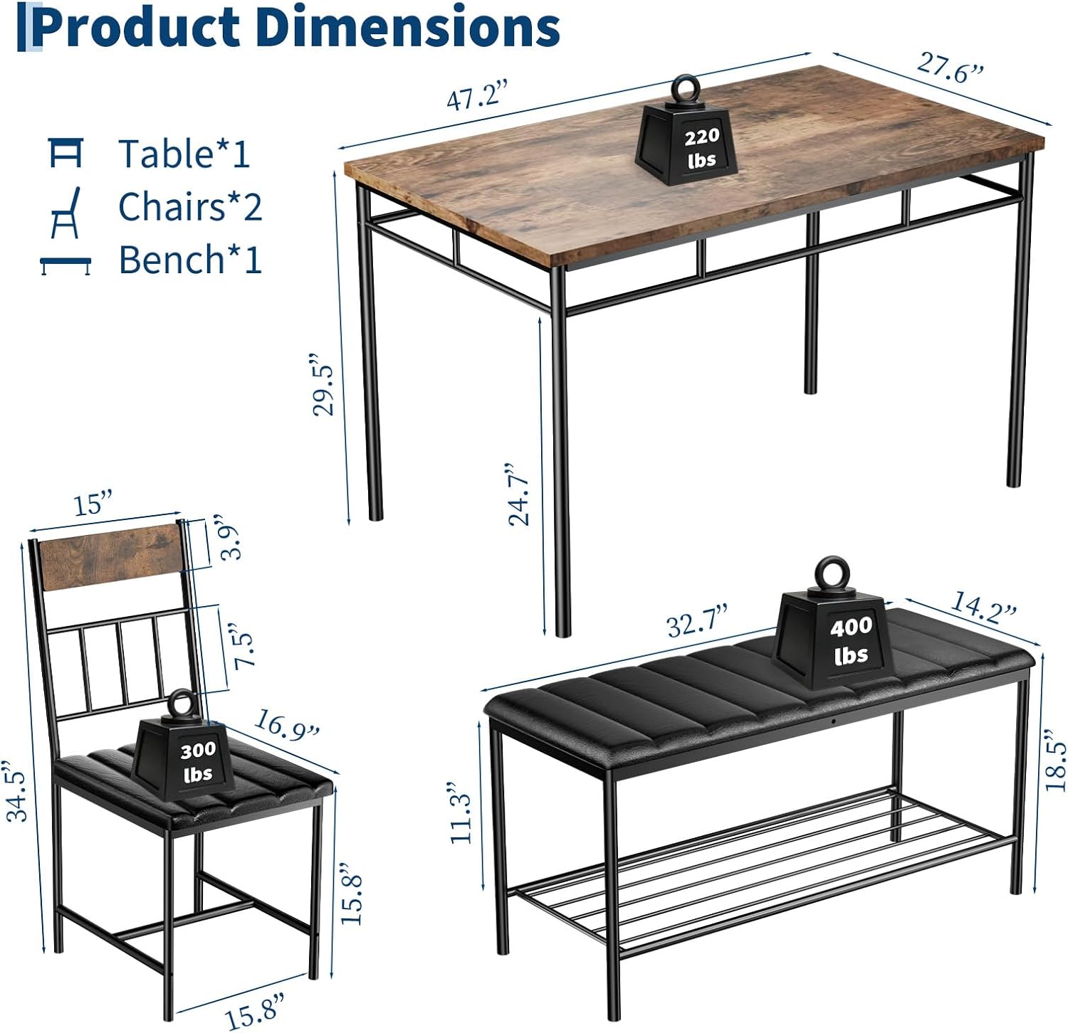 Garvee 4-Piece Modern Dining Table Set, Kitchen Table with Upholstered Chairs and Bench, Kitchen Table Set for Small Space, Apartment, Home, Studio