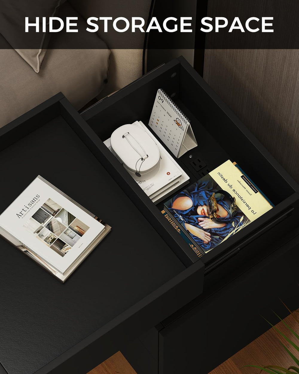 Modern Nightstand with Sliding Top, Night Stand with Charging Station and LED...