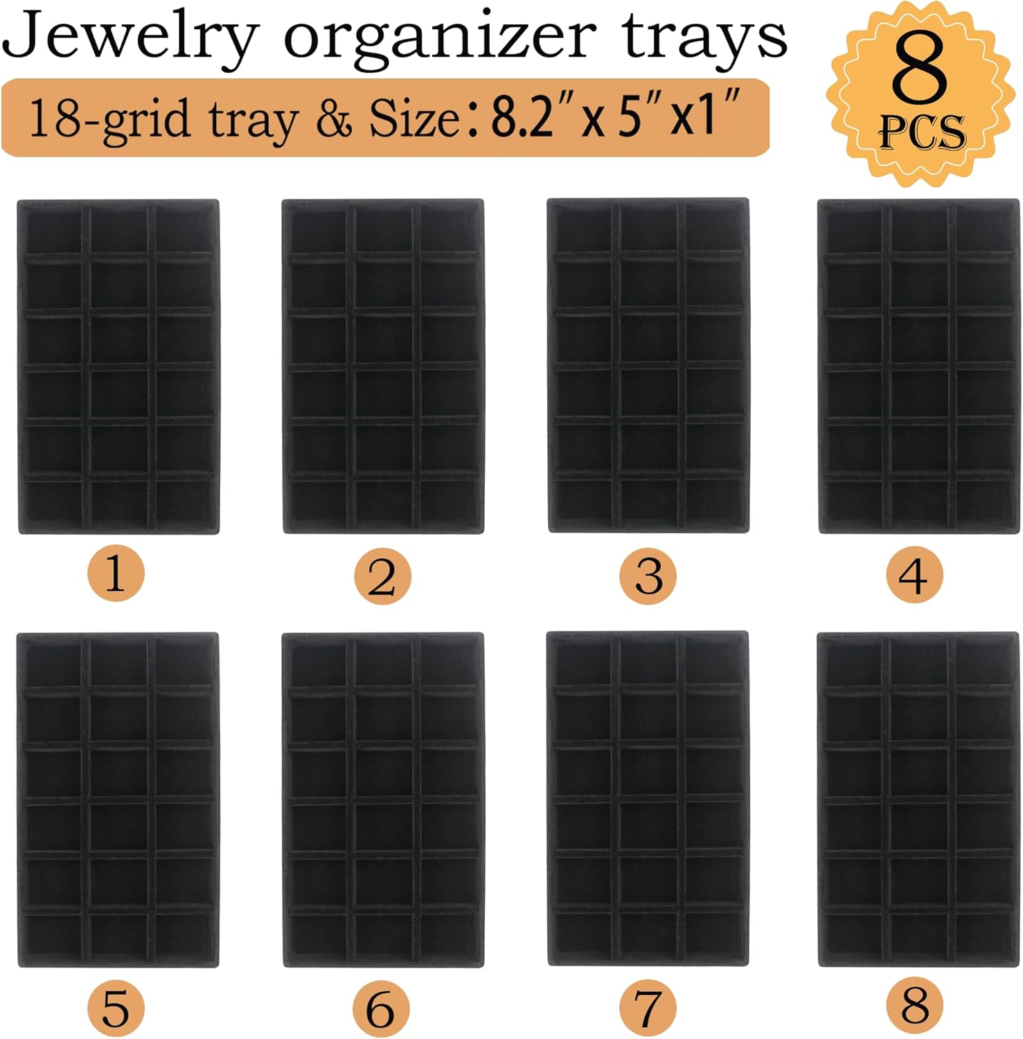 8 Pack Earring Organizer Holder Velvet Jewelry Tray for Drawer Stackable Jewelryy Organizer Divided Display Tray for Earring 144 Grids, Black