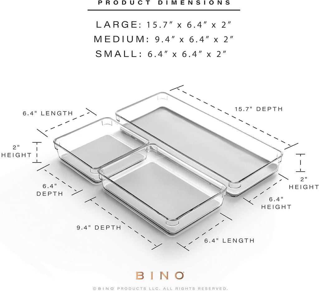 BINO | 3-Piece Drawer Organizer Bin Set - Grey, Large | THE MODULAR+ | Multi-Purpose Storage | Soft-Grip Lining and Non-Slip Rubber Feet | Durable | BPA-Free | Desk Drawer Organizer | Vanity Organizer