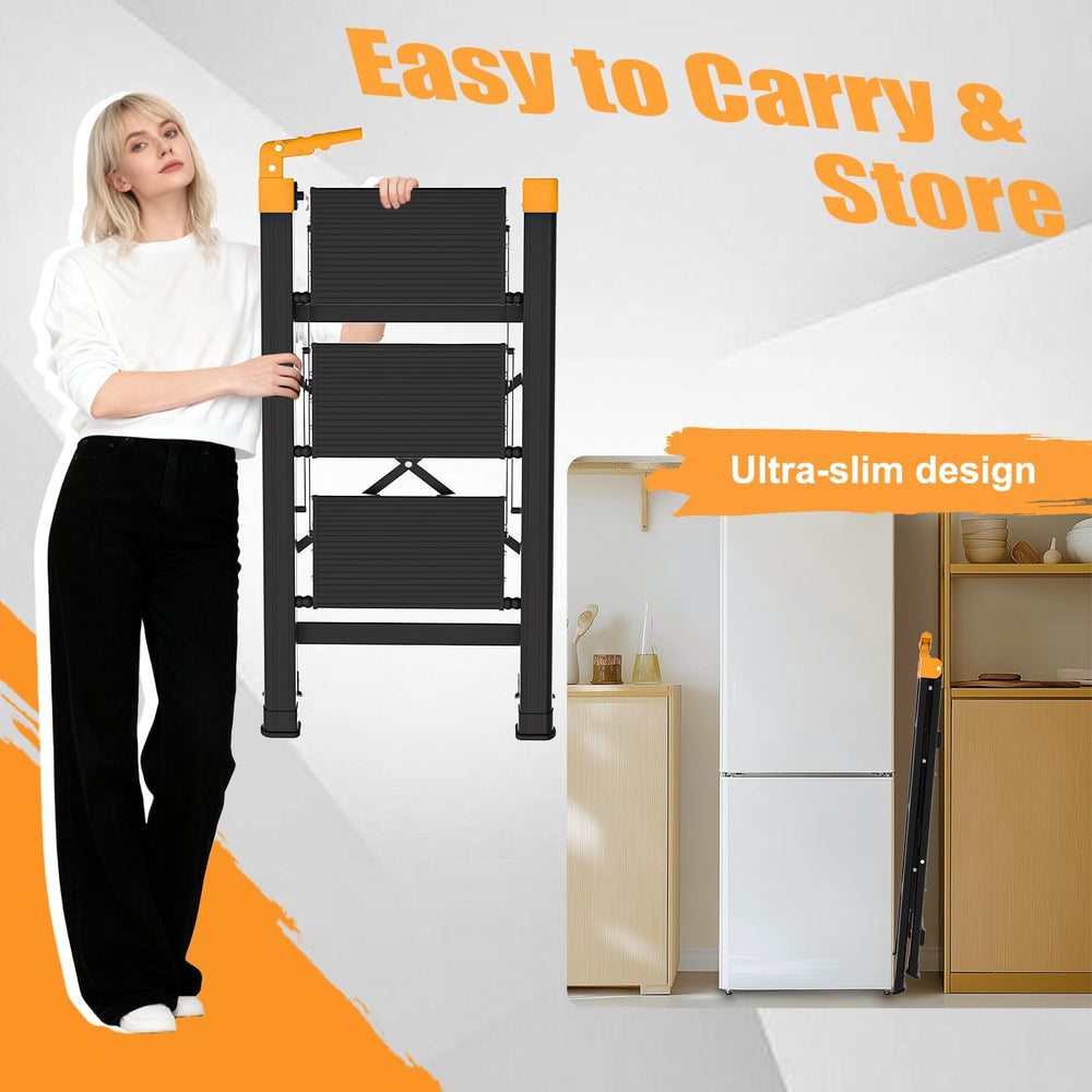 3 Step Ladder with Single-Handrail, Aluminum Step Stool Foldable (Yellow)