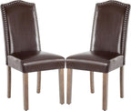 Upholstered Dining Chair Modern Stylish Parsons Kitchen Diner High Back with Silver Nailhead Trim & Wood Legs, Set of 2, PU Leather Dark Brown