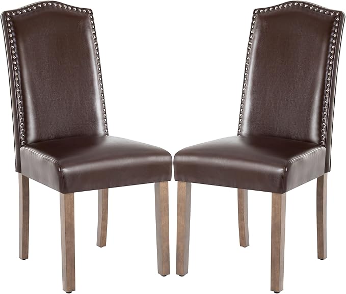 Upholstered Dining Chair Modern Stylish Parsons Kitchen Diner High Back with Silver Nailhead Trim & Wood Legs, Set of 2, PU Leather Dark Brown