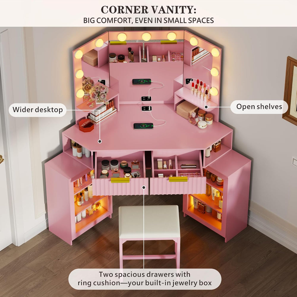 Corner Makeup Vanity with LED Triple Mirror and Charging Station - Pink | SKK...
