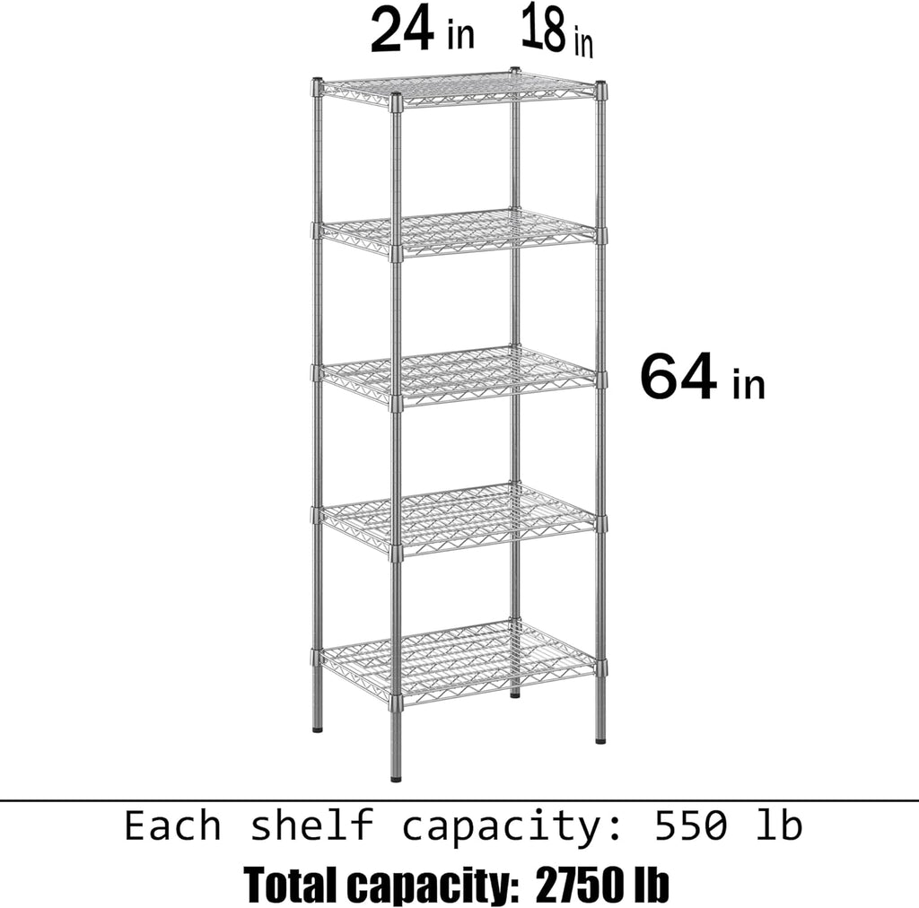 18" Deep x 24" Wide x 64" Height Wire Shelving Kit | 5-Tier | NSF Commercial Storage Rack Unit