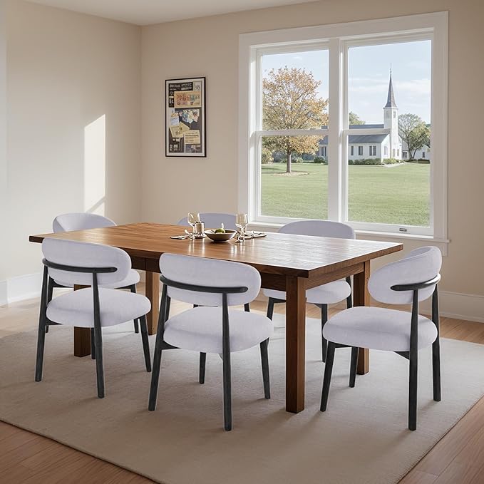 Farmhouse Dining Chairs Set of 8, Mid Century Modern Fabric Upholstered Kitchen Chairs, Wooden Dining Room Chair with Curved Back&Black Legs for Kitchen Dining Room Restaurant Cafe, Blue (Only Chairs)