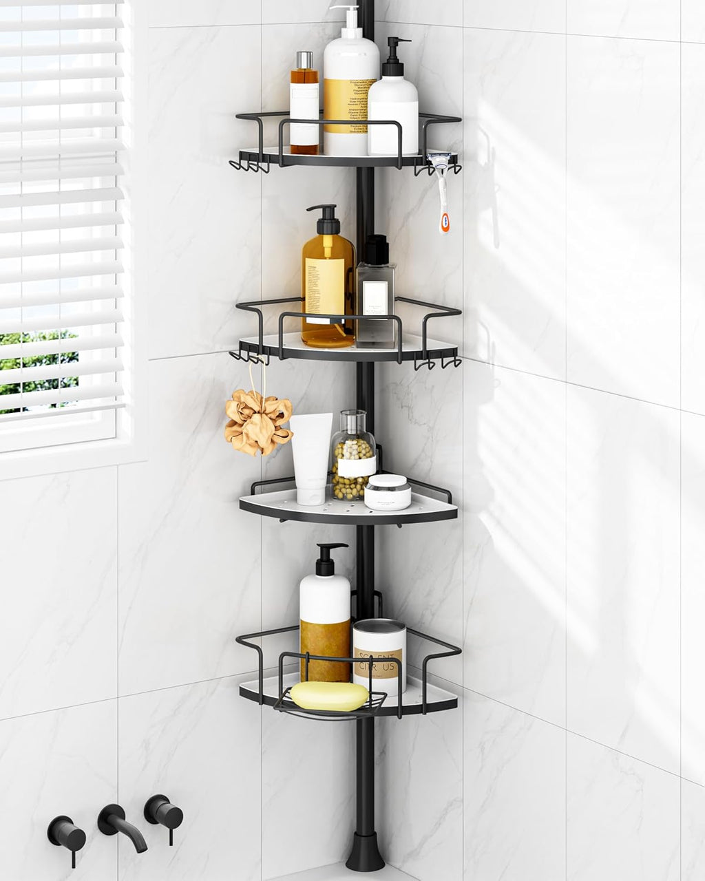 ALLZONE Corner Shower Caddy Tension Pole – Rust-Free Stainless Steel Shower Organizer with Adjustable Storage Shelves, Drill-Free Installation, Quick Setup, Extends from 34 to 116 Inches