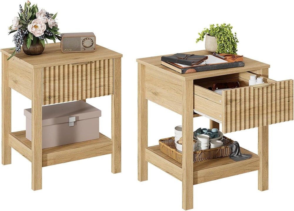 Fluted Night Stand with Golden Handle,Set of 2 Mid-Century Nightstands with D...