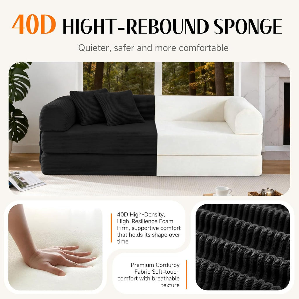 79'' Convertible Sofa Bed, Boneless Couch-in-a-Box, Corduroy Floor Futon Loveseat Sleeper, 26'' Deep Seat, Removable Machine-Wash Covers, No Assembly, 2 Pillows, Black