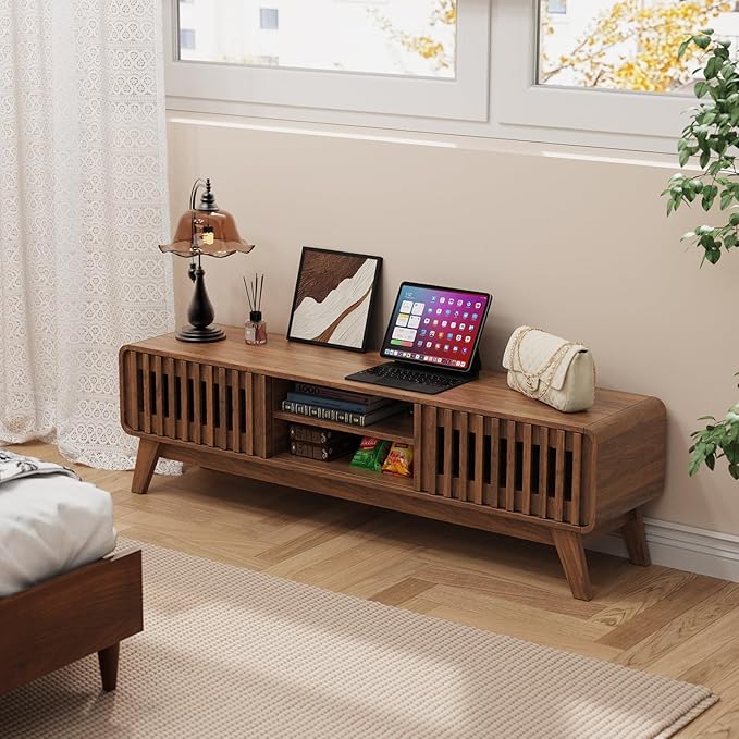 59" TV Stand for 55/60/65 inch TV, 2 Cabinets Mid Century Modern TV Stand, Wood Entertainment Center with Storage, TV and Media Console for Living Room, Bedroom, Office (Walnut)